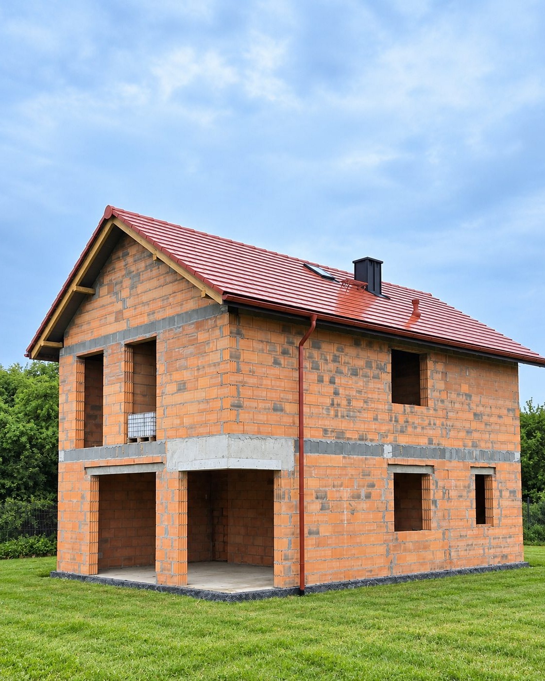 Aktualny stan domu od strony ogrodu — tylna ściana z pustaka ceramicznego i gotowy dach